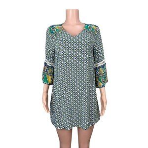 Umgee Womens Boho Tunic Dress SZ M Paisley Multicolor 3/4 Bell Sleeves V-Neck